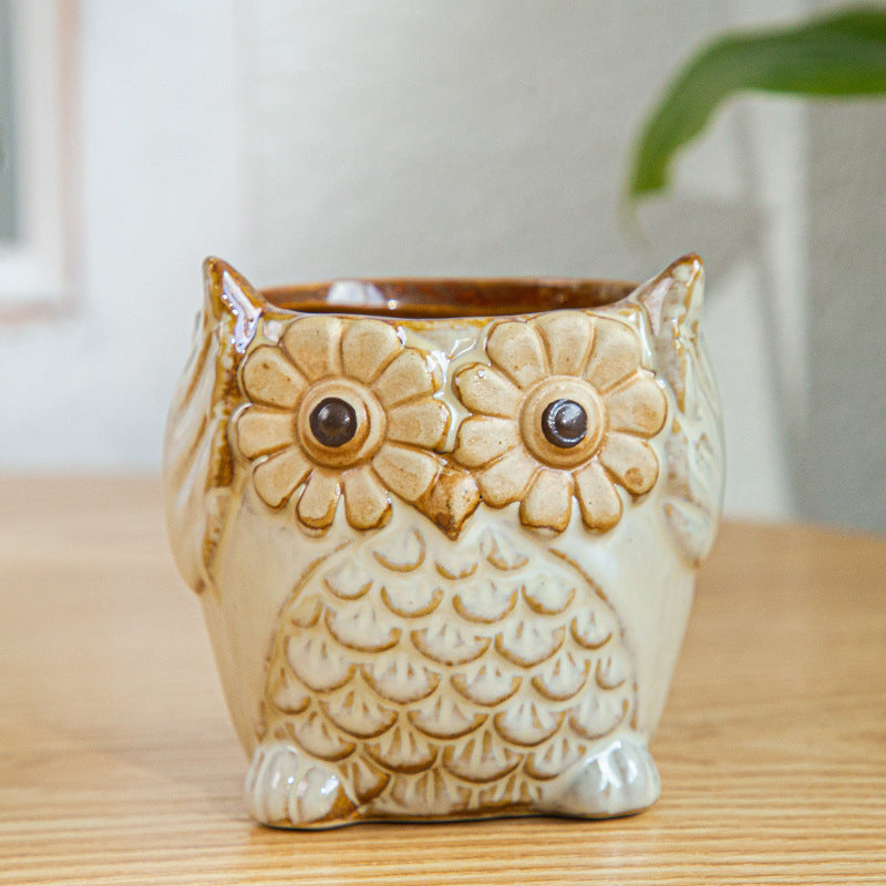 Yellow Owl Glazed Plant Pot MIni Creative Planter ,  Model 3