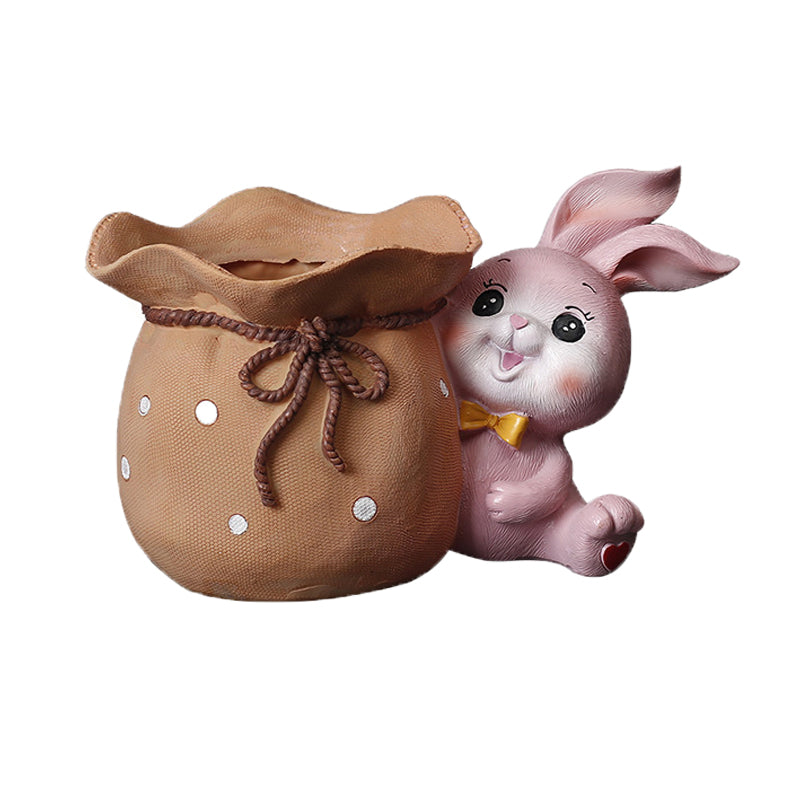 Pink Bunny Holding Cloth Bag Resin Plant Pots Succulent Planters Birthday Gifts