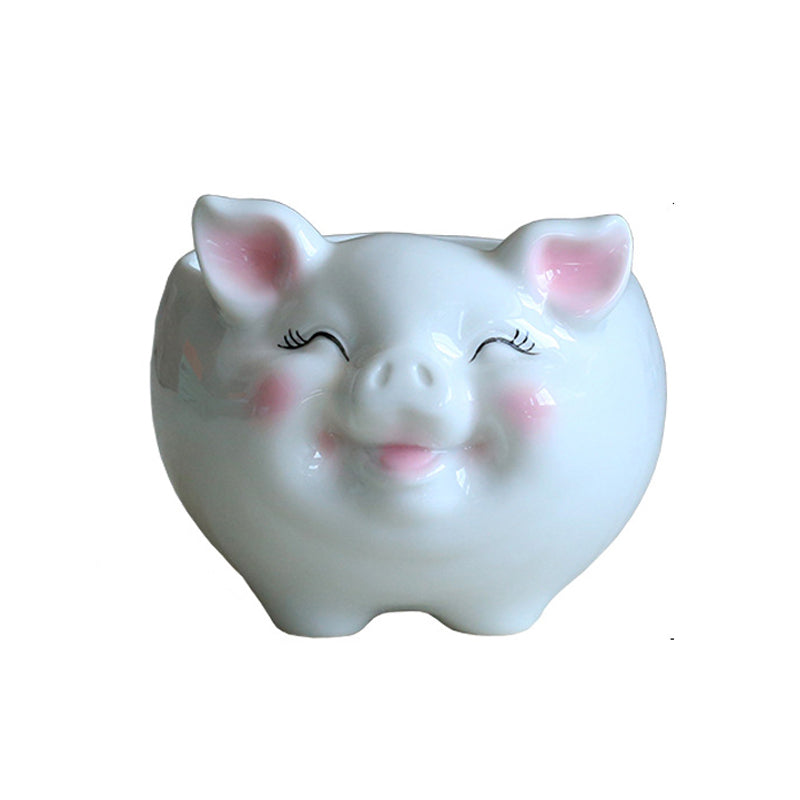 White Little Pig Glazed Plant Pot Lovely Indoor Planter Mini Animal Decor