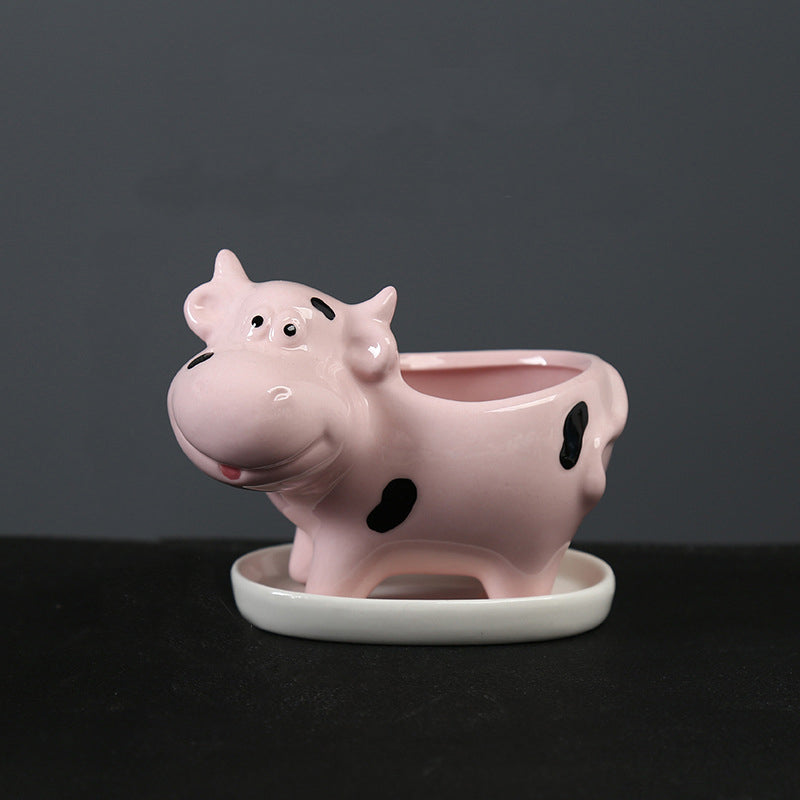 Mini Pink Baby Cow Plant Pot Creative Succulent Indoor Planter With Saucer