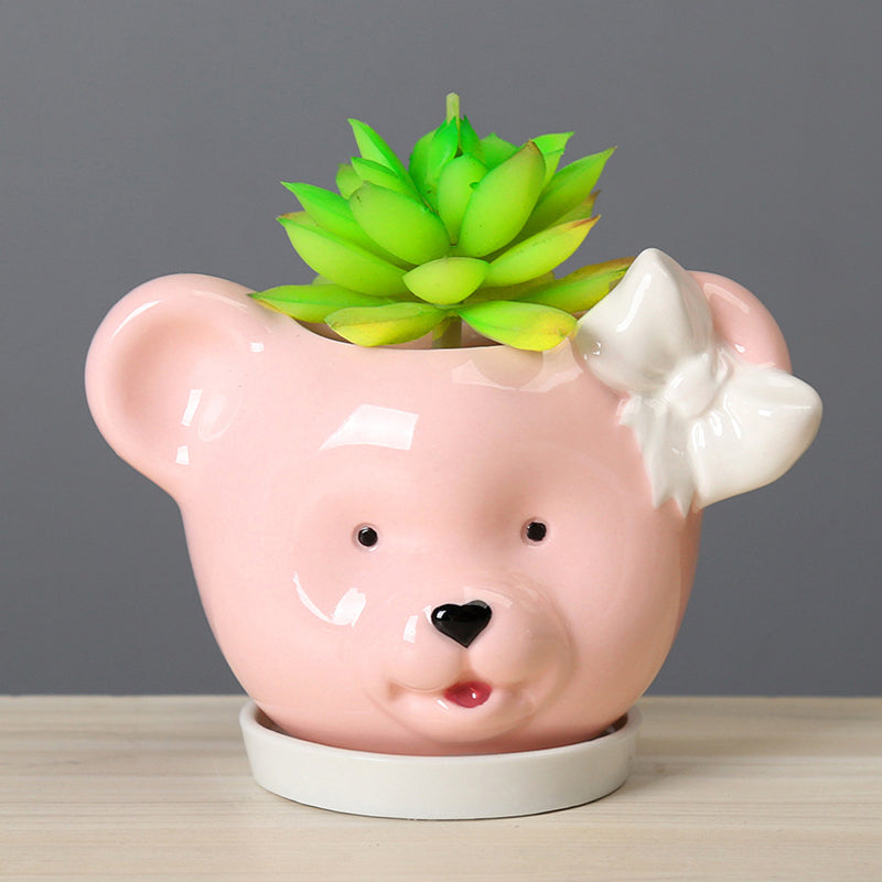 Pink Bear Head Plant Pot Lovely Creative Animal Planter Home Decor