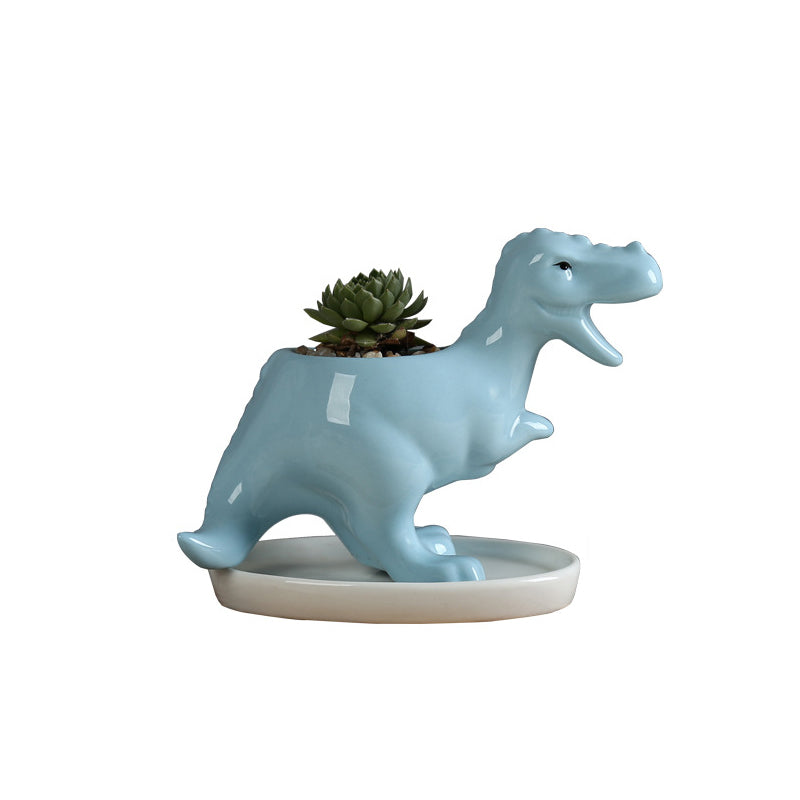 Mini Blue Tyrannosaurus Rex  Succulent Plant Pot Glazed Indoor Planter