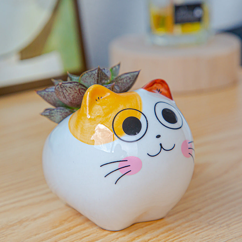 Lovely Smiling Kitten Glazed Plant Pot Mini Ornament Planter Animal Flowerpot