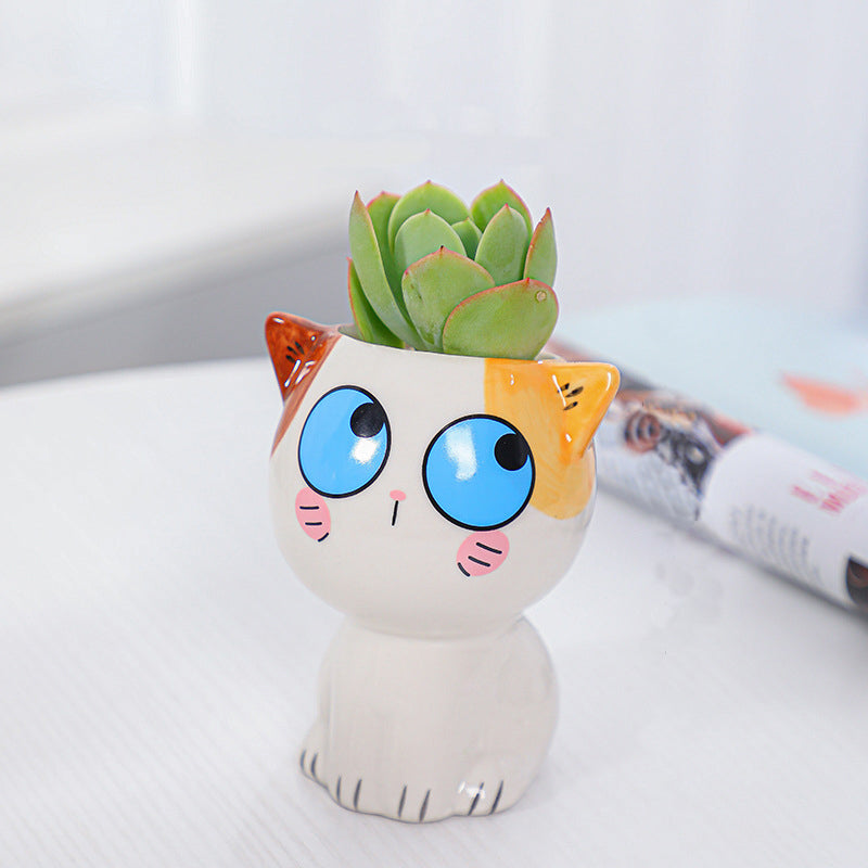 White Mini Cute Kitten Glazed Plant Pot , Model 1