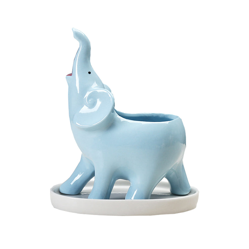 Blue Elephant Plant Pot WIth Tray Creative Succulent Planter Home Office Decor