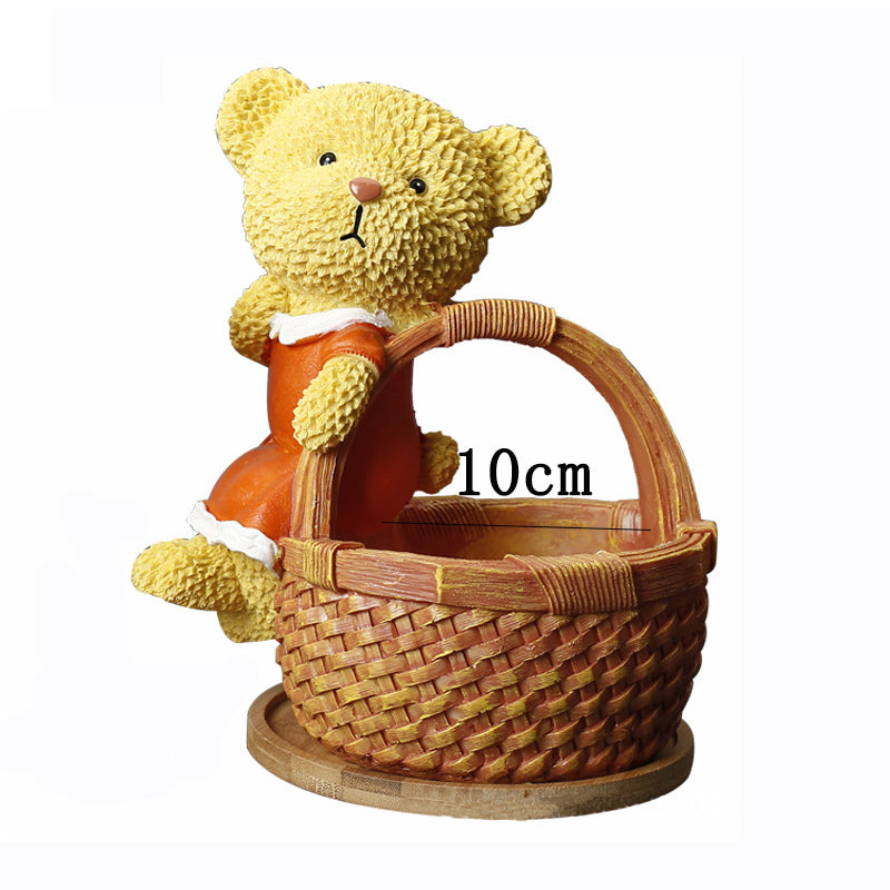 Orange Clothes Bear Brown Basket Mini Resin Plant Pot With Bamboo Holder