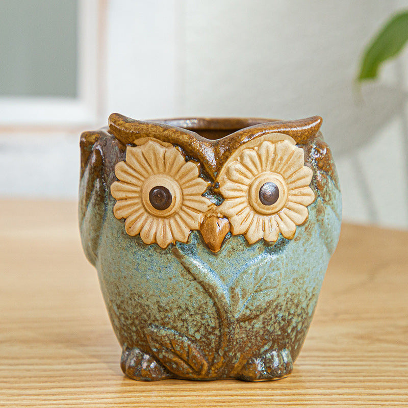 Blue Owl Glazed Plant Pot Decorative Indoor Planter ,  Model 2