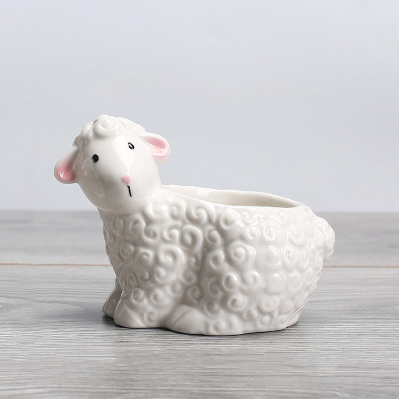 White Male Sheep Plant Pot Indoor Creative Planter Mini Animal Flowerpot