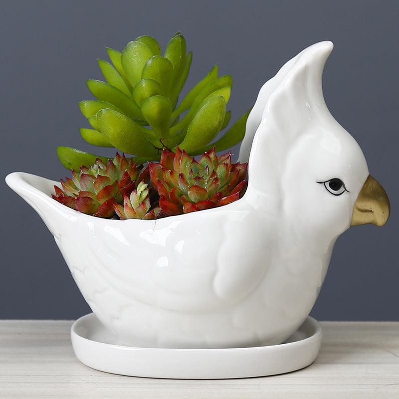 Lovely White Parrot Mini Plant Pot Creative Indoor Planter Animal Decor