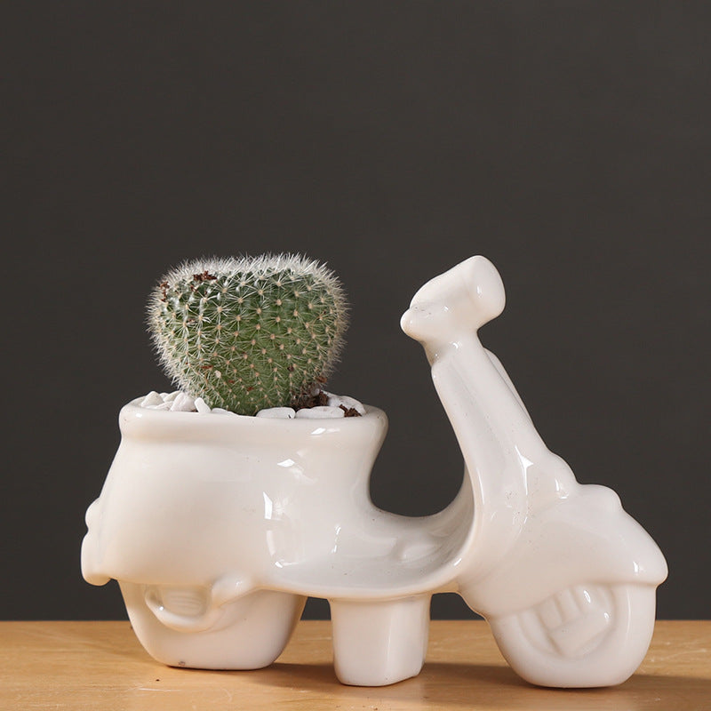 Mini White Motorcycle Plant Pots Creative Succulent Planters Creative Decor