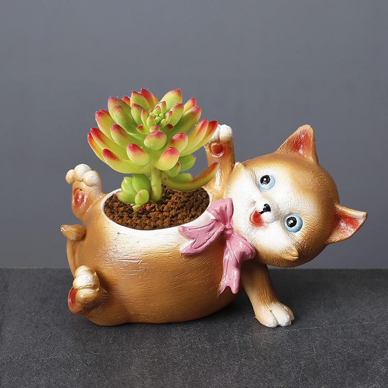 Resin Brown Cat Plant Pots Mini Decorative Succulent Planters