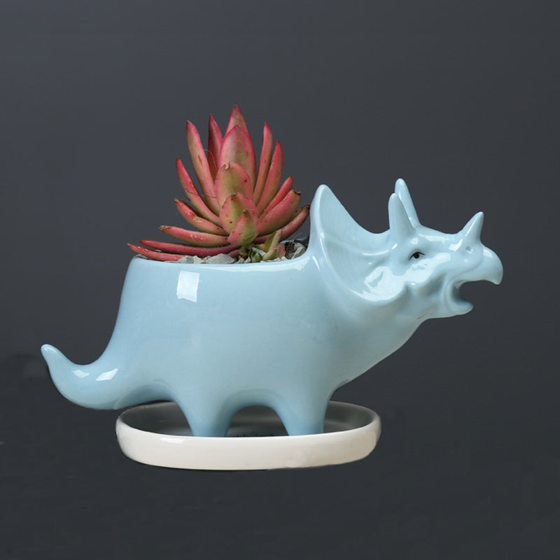 Mini Blue Triceratops Succulent Plant Pot Glazed Indoor Planter