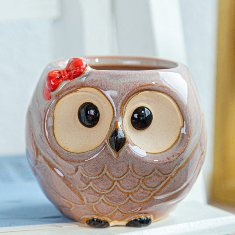 Brown Owl Glazed Plant Pot , Red Hair Clip