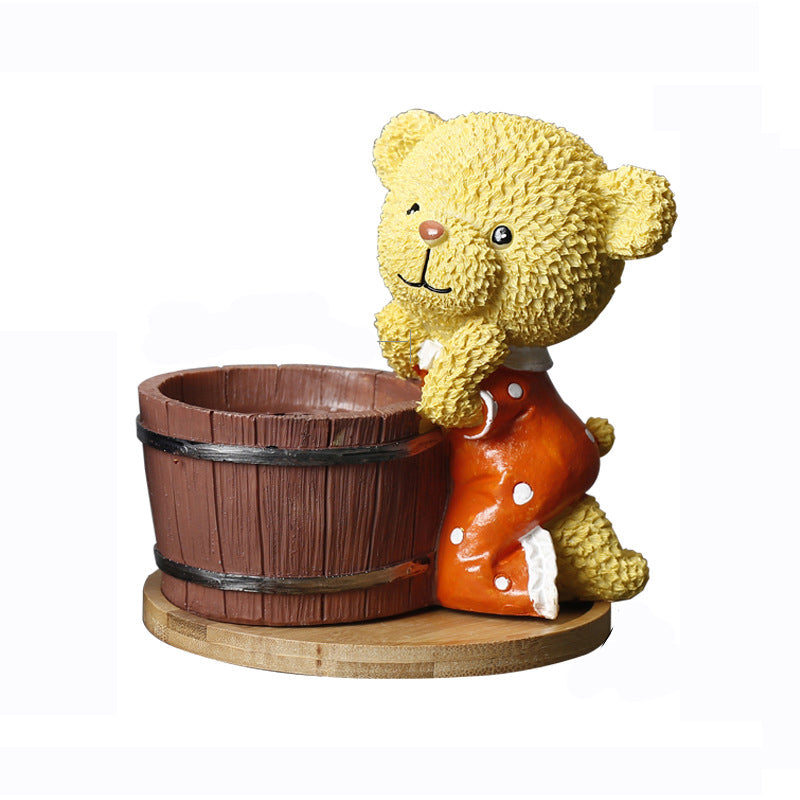 Orange Clothes Bear Brown Bucket Mini Resin Plant Pot With Bamboo Holder