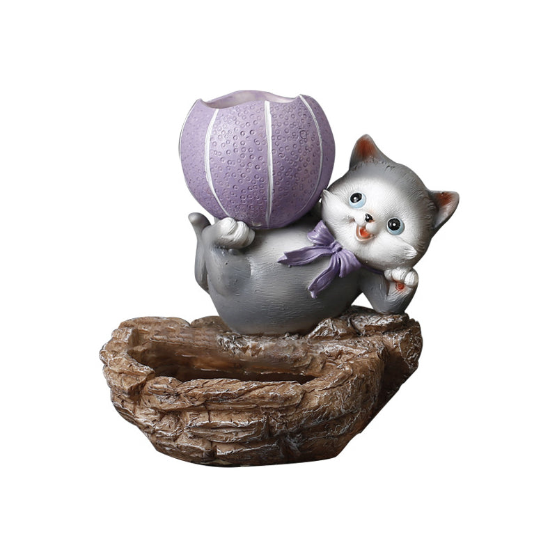 Grey Cat Lifting Purple Basketball Resin Plant Pots Creative Planters Home Decor