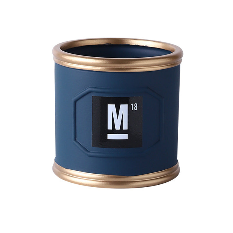 Dark Blue Cylinder Plant Pots Golden Border Flowerpot Planter