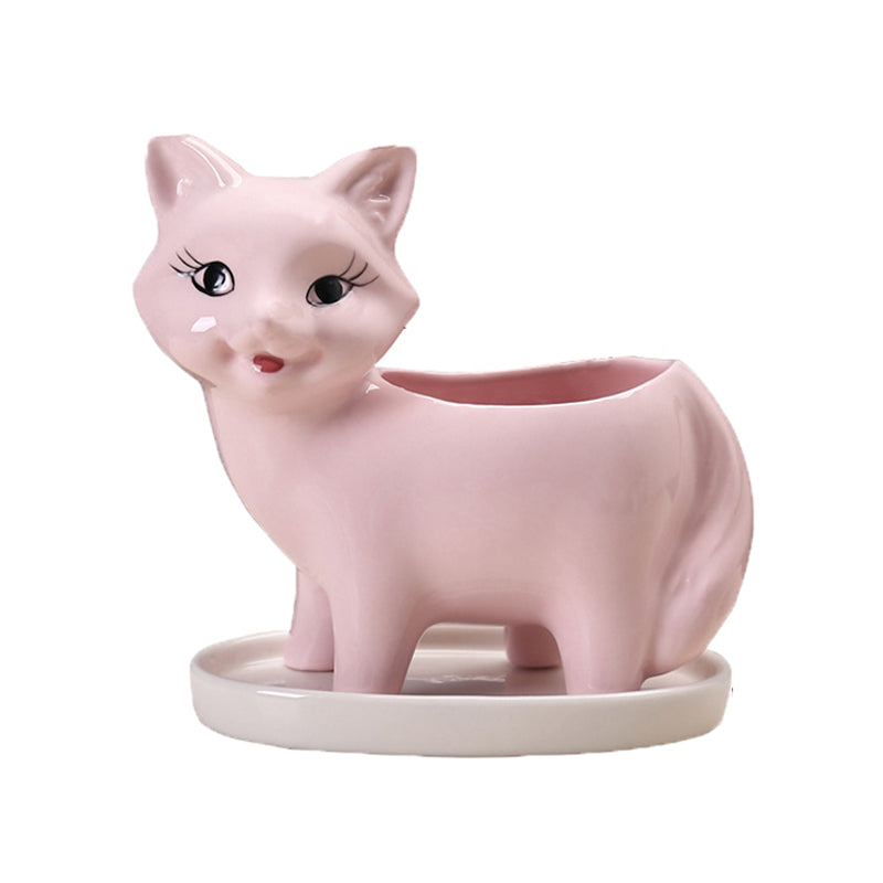 Lovely Pink Fox Plant Pot With Tray Decorative Succulent Planter Birthday Gift