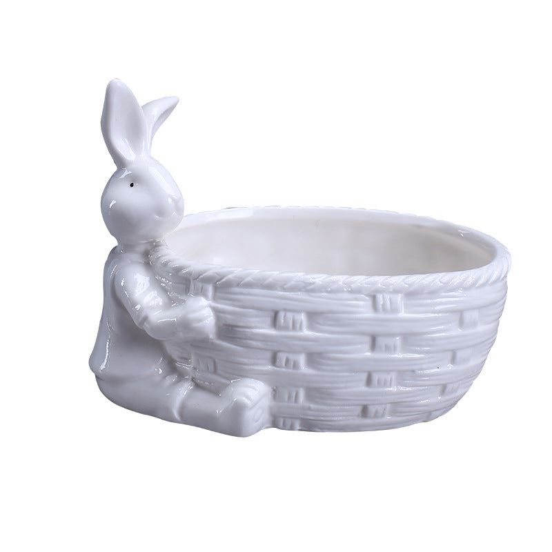 White Bunny With Basket Plant Pot Cute Succulent Planter Home Garden Decor