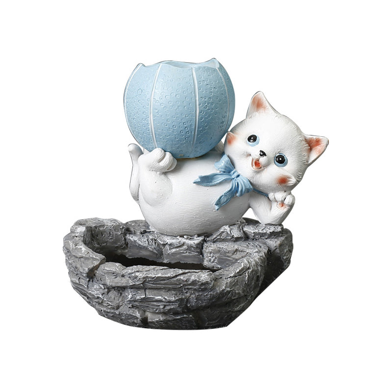 White Cat Lifting Blue Basketball Resin Plant Pots Creative Planters Home Decor