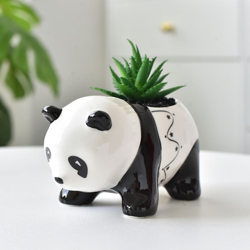 White Mini Cute Panda Glazed Plant Pot , Model 1