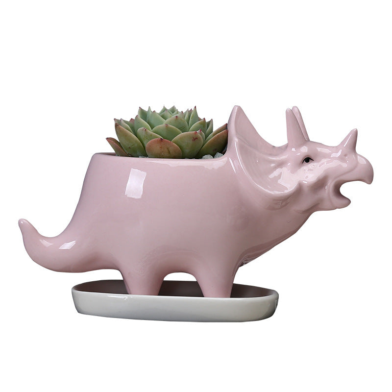 Mini Pink Triceratops Succulent Plant Pot Glazed Indoor Planter