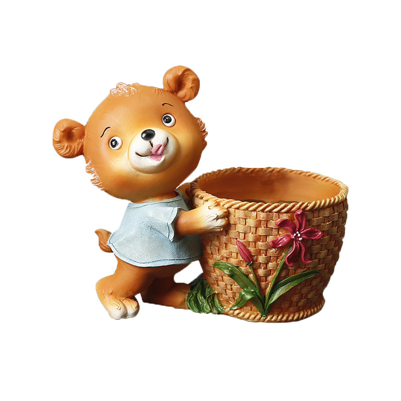 Blue Clothes Brown Bear With Basket Resin Plant Pots Indoor Planters Creative Decor