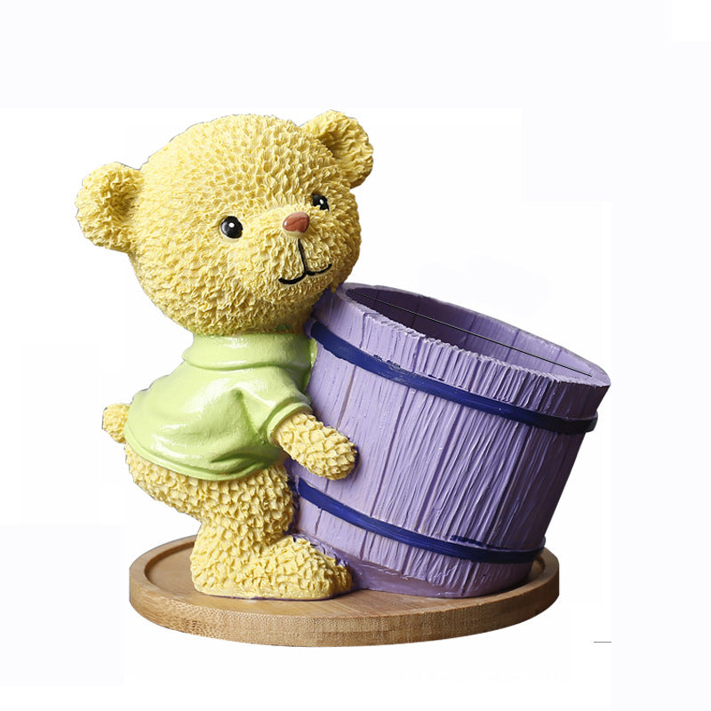 Green Clothes Bear Purple Bucket Mini Resin Plant Pot With Bamboo Holder