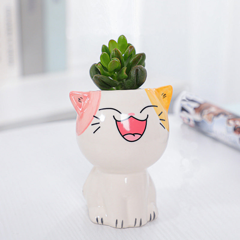 White Mini Cute Kitten Glazed Plant Pot , Model 3