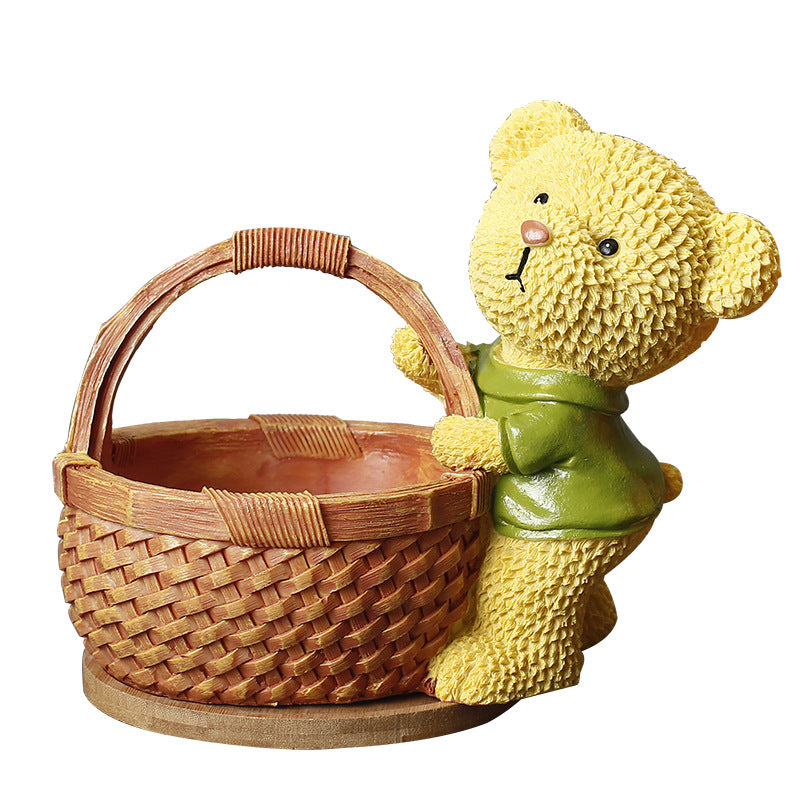 Green Clothes Bear Brown Basket Mini Resin Plant Pot With Bamboo Holder