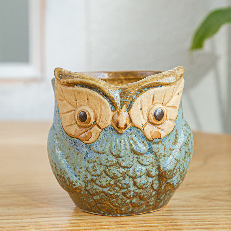 Blue Owl Glazed Plant Pot Decorative Indoor Planter ,  Model 1