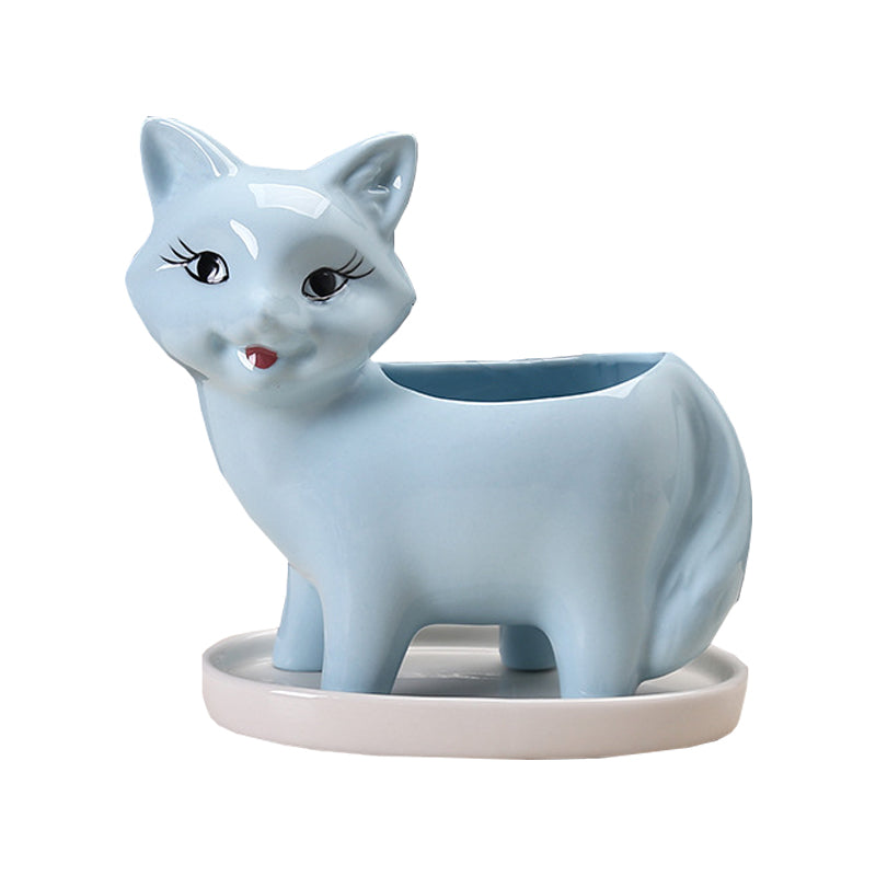 Lovely Blue Fox Plant Pot With Tray Decorative Succulent Planter Birthday Gift