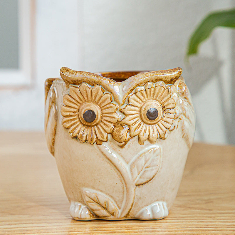 Yellow Owl Glazed Plant Pot MIni Creative Planter ,  Model 2