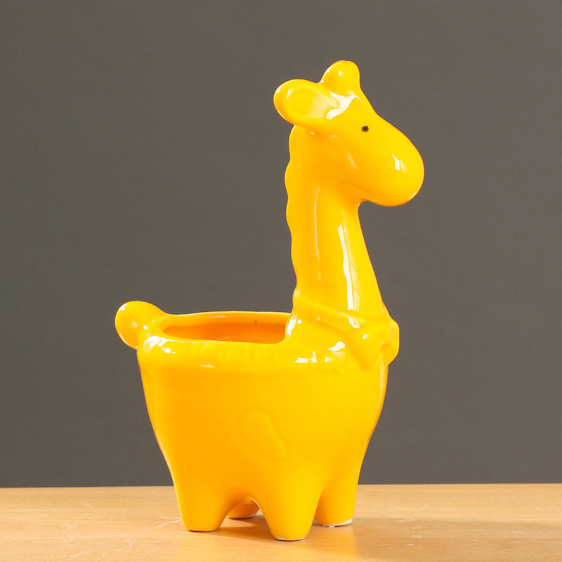 Lovely Yellow Giraffe Plant Pot Creative Animal Planter Indoor Flowerpot