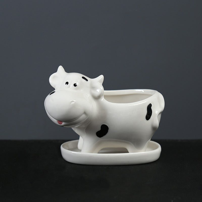 Mini White Baby Cow Plant Pot Creative Succulent Indoor Planter With Saucer