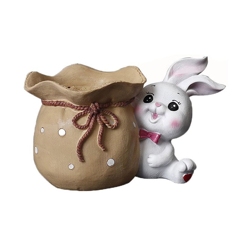 White Bunny Holding Cloth Bag Resin Plant Pots Succulent Planters Birthday Gifts