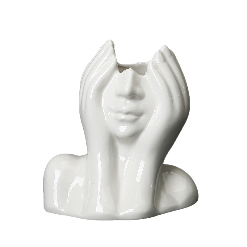 White Bashful Maiden Vase Artistic Face Ceramic Flower Vase