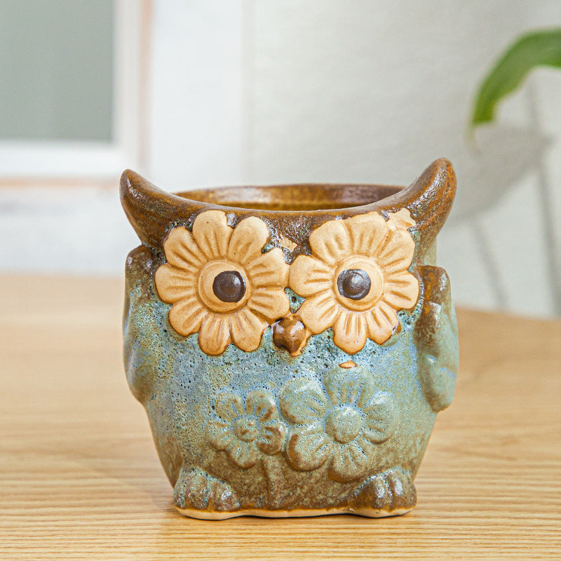 Blue Owl Glazed Plant Pot Decorative Indoor Planter ,  Model 6