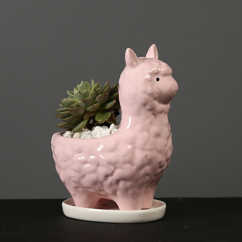 Lovely Pink Alpaca Plant Pot With Tray Creative Indoor Planter Animal Decor