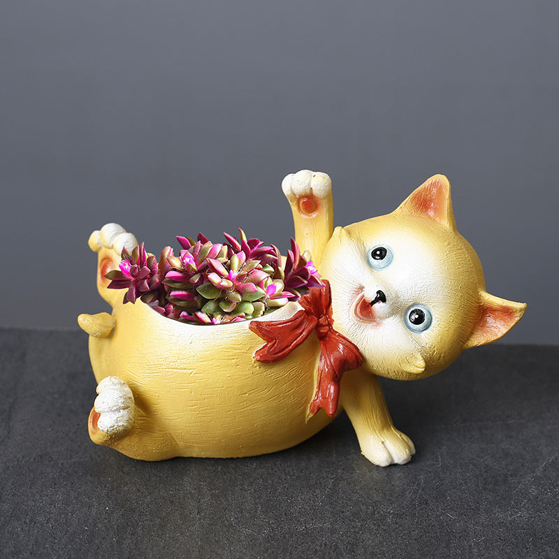 Resin Yellow Cat Plant Pots Mini Decorative Succulent Planters