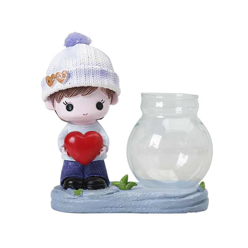 Resin Hugging Figurine Boy Terrarium Pot Hydroponic Plants Hydrocotyle