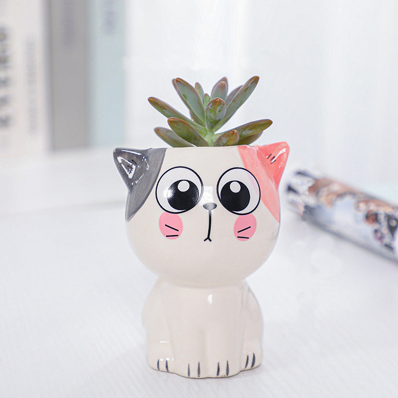 White Mini Cute Kitten Glazed Plant Pot , Model 5