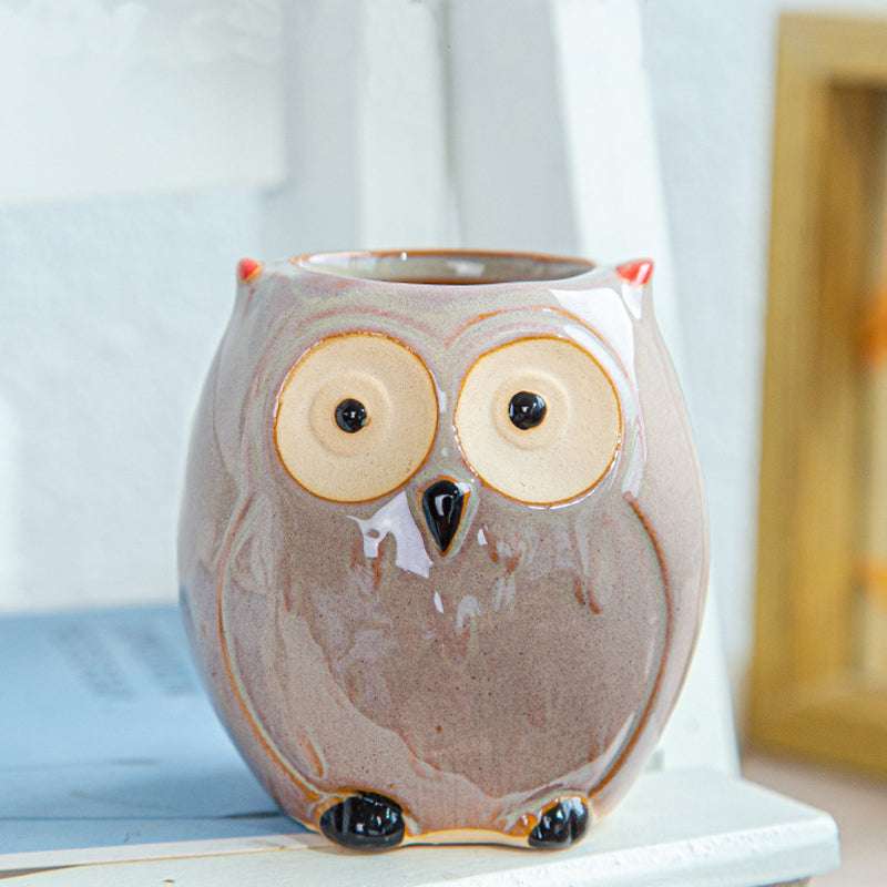 Brown Owl Glazed Plant Pot , Red Ear