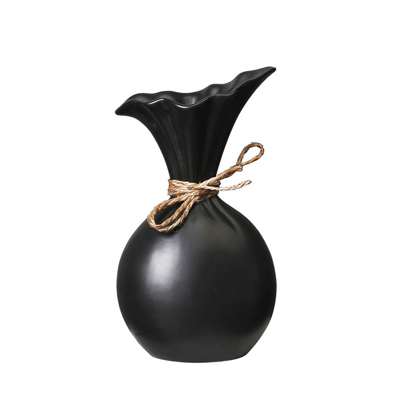 Matte Black Cloth Bag Vase Modern Ceramic Vase Home Office Decor