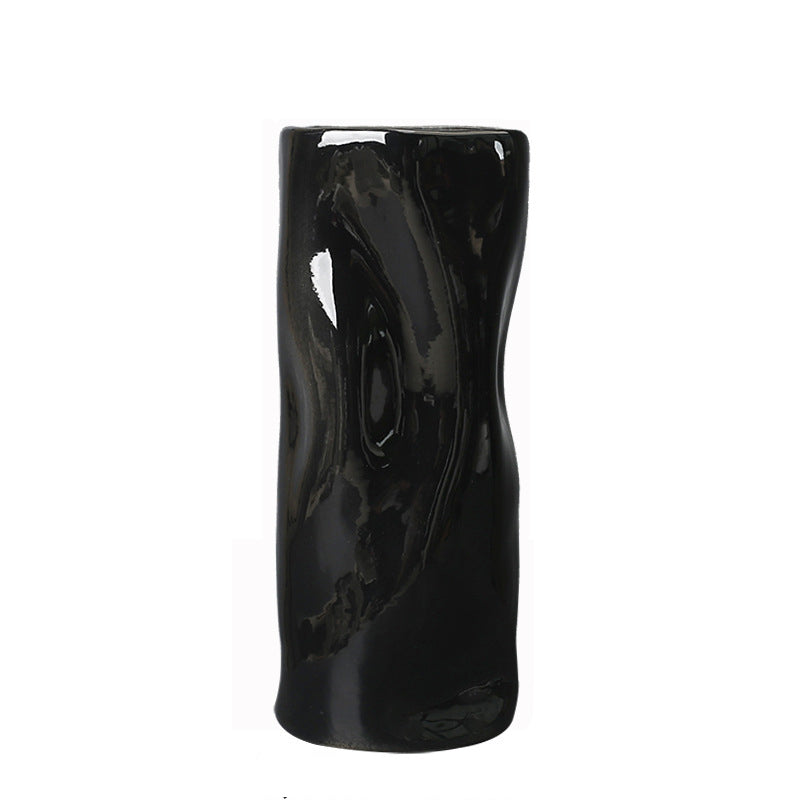 Black Irregular Ceramic Vase With Straight Barrel, Decorative Vases For Living Room, Bedroom