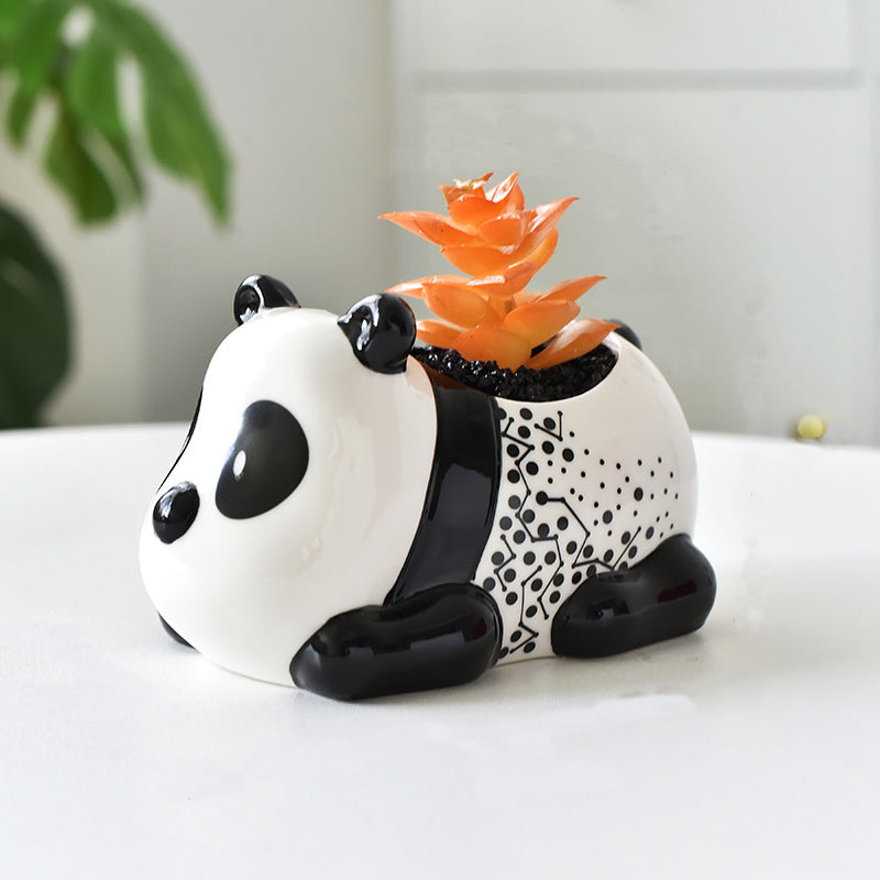 White Mini Cute Panda Glazed Plant Pot , Model 3