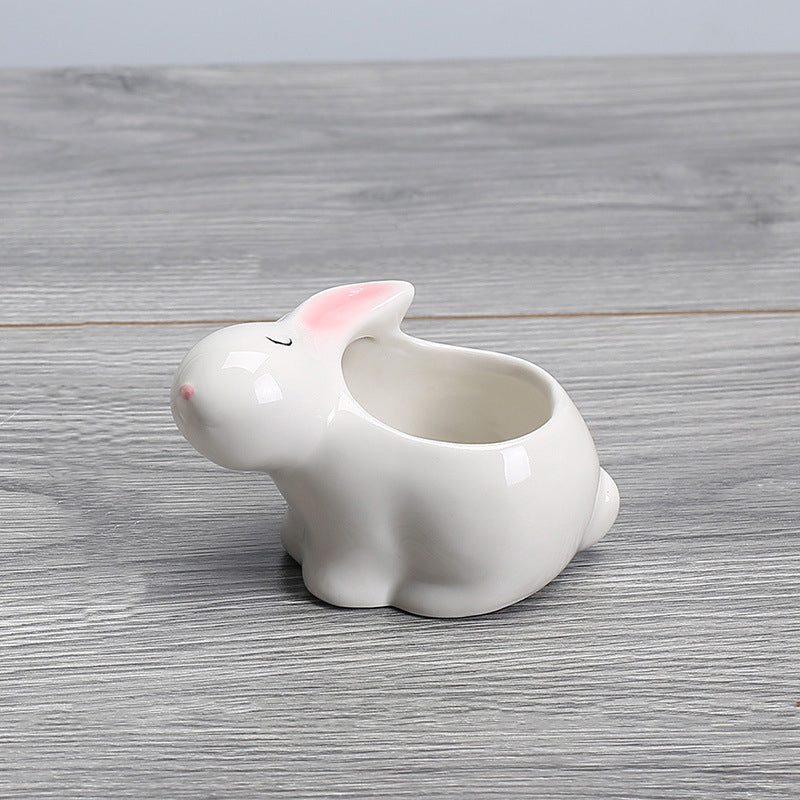 Mini White Baby Rabbit Plant Pot Glazed Indoor Planter Creative Decor