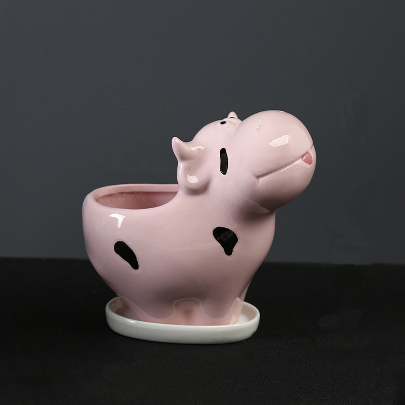 Mini Pink Cow Plant Pot Creative Succulent Indoor Planter With Saucer