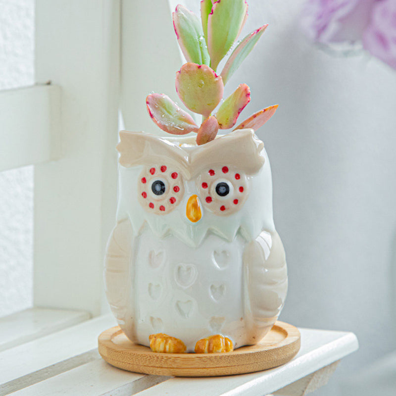 White Owl Glazed Plant Pot Indoor Planter With Tray , Heart Print