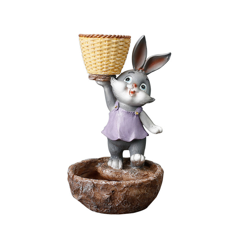 Purple Clothes Grey Bunny Lifting Basket Resin Plant Pots Lovely Creative Planters