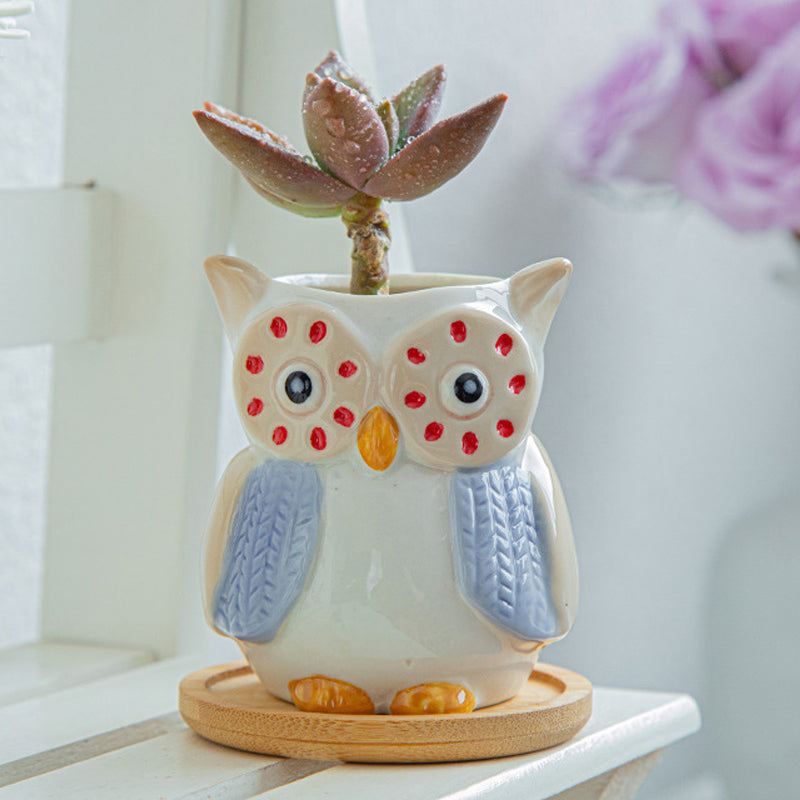 White Owl Glazed Plant Pot Indoor Planter With Tray , Blue Clothes